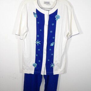 Jantzen Women's 2 Piece Knit Pant Suit Set Blue & White Size Medium Vintage